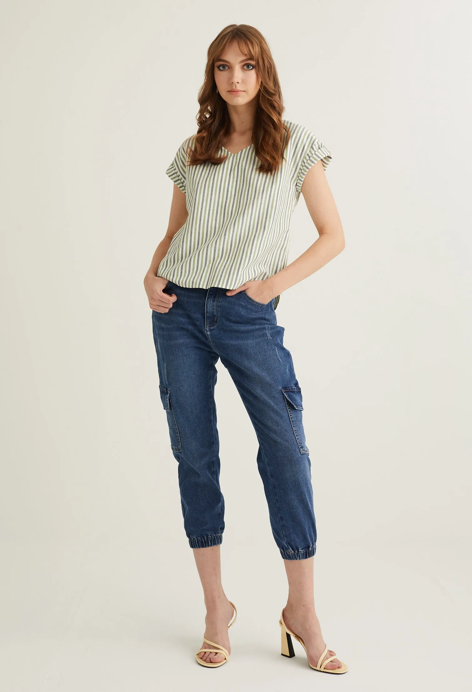 Striped V Neck Cuffed Sleeve Blouse