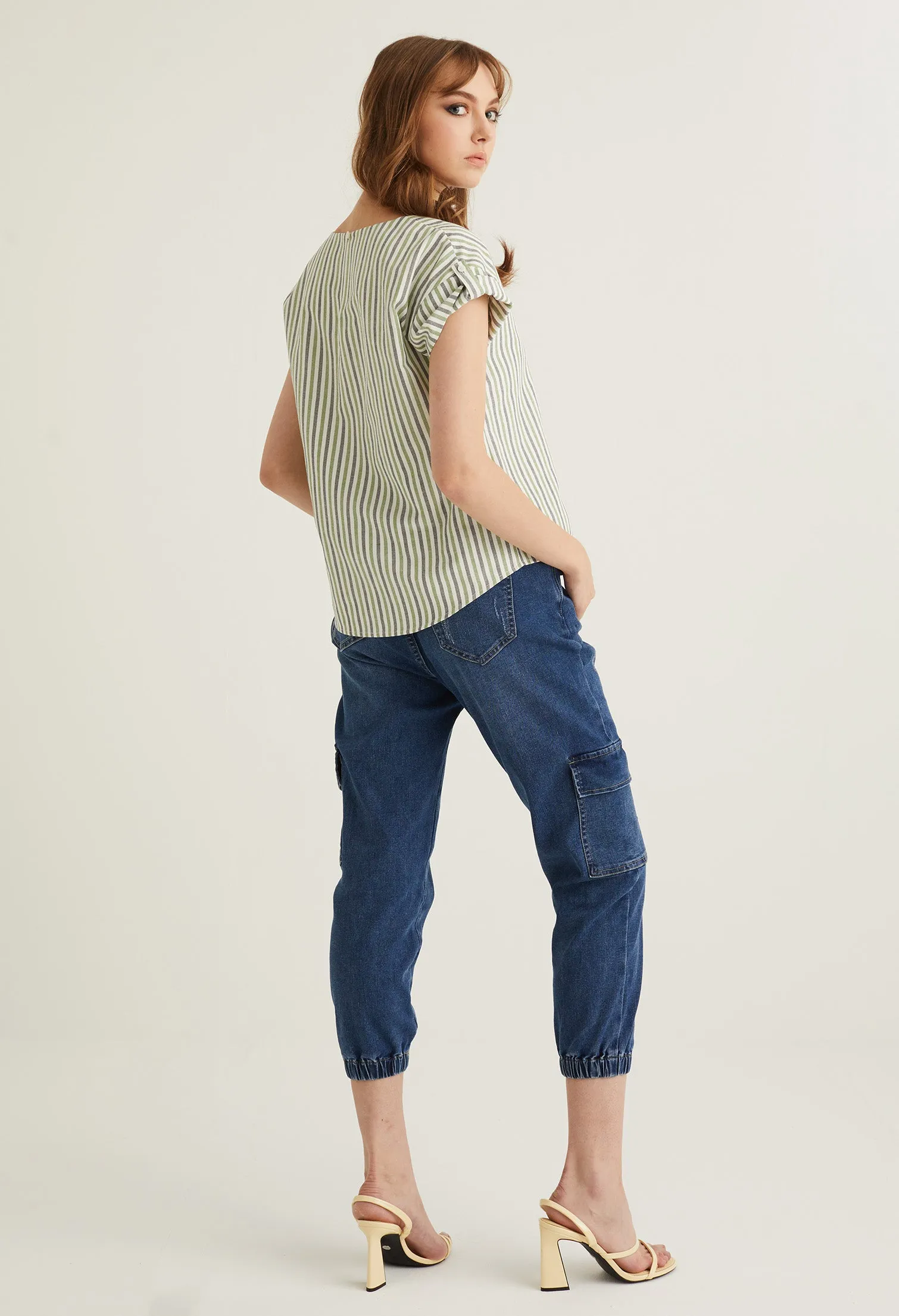 Striped V Neck Cuffed Sleeve Blouse