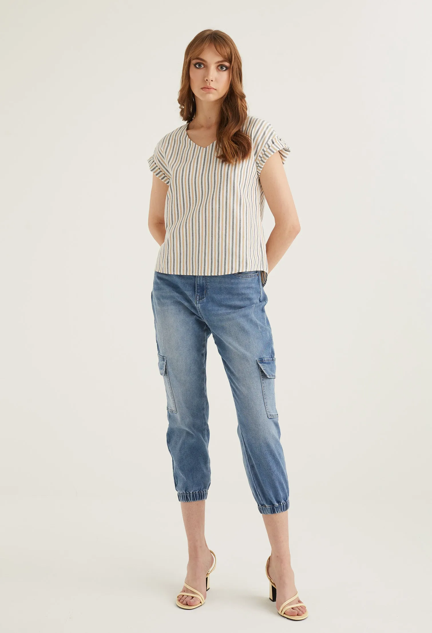 Striped V Neck Cuffed Sleeve Blouse