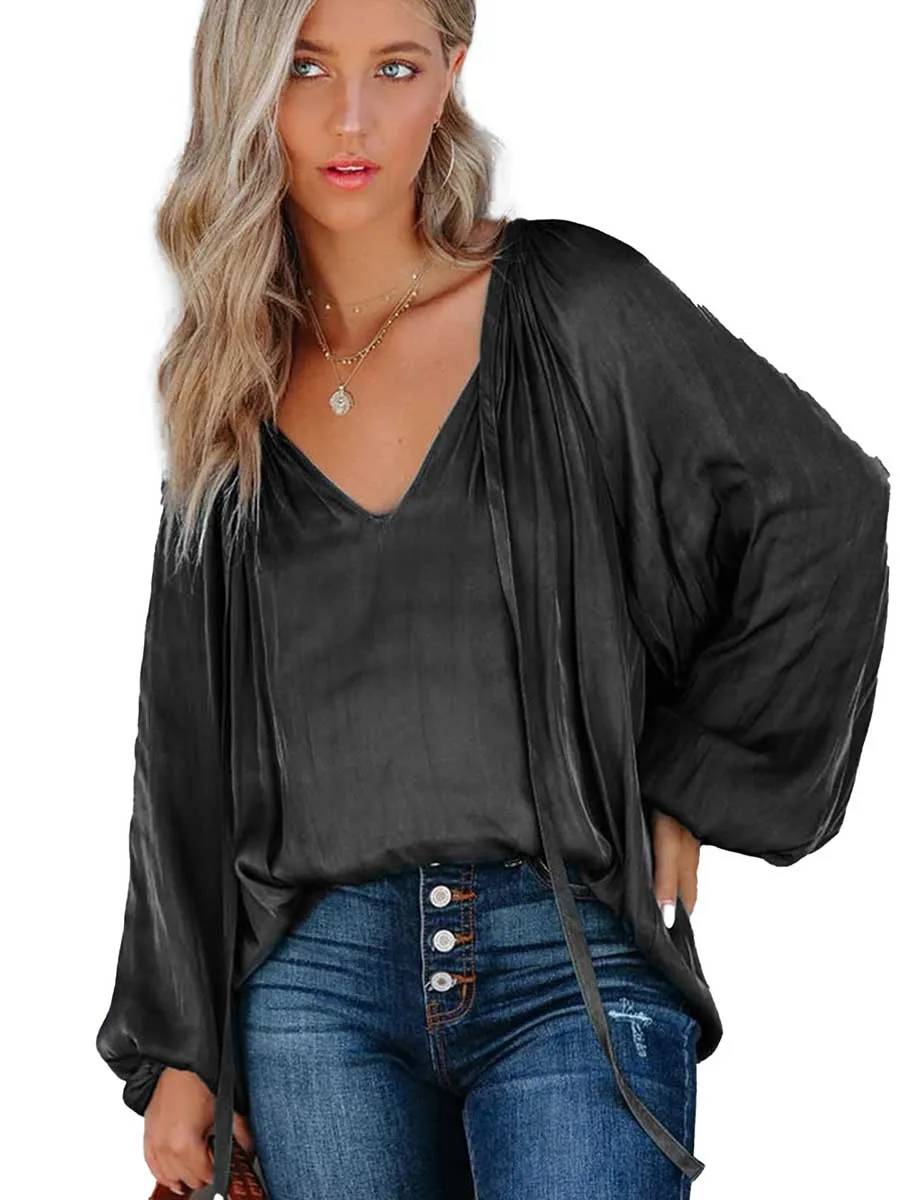 Stunncal Satin Lantern Sleeve V-Neck Tie Top