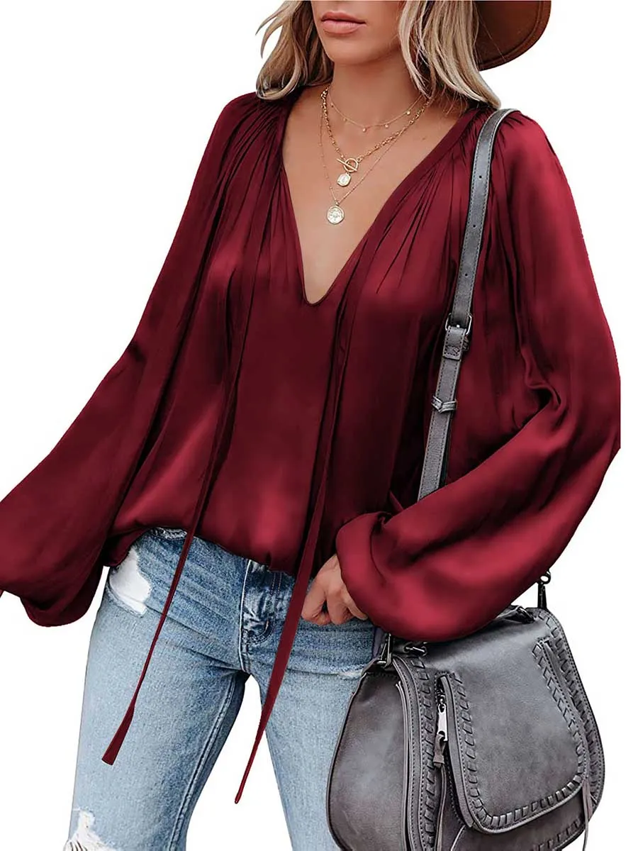 Stunncal Satin Lantern Sleeve V-Neck Tie Top
