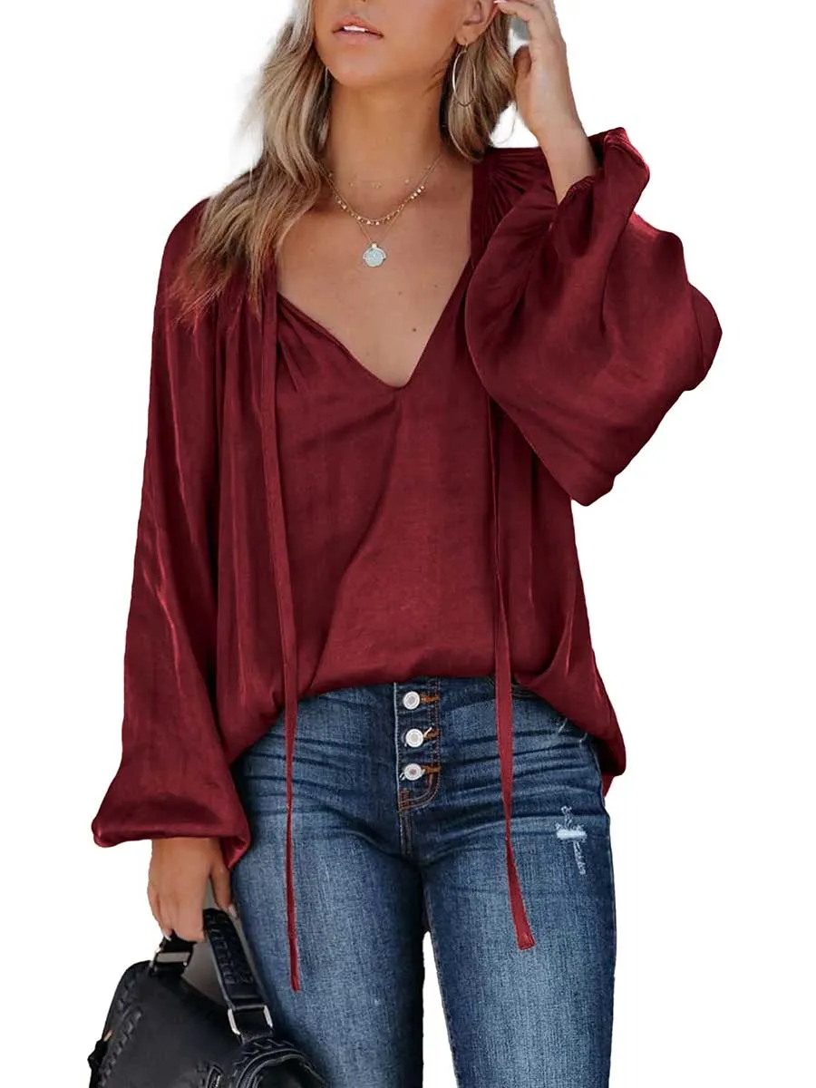 Stunncal Satin Lantern Sleeve V-Neck Tie Top