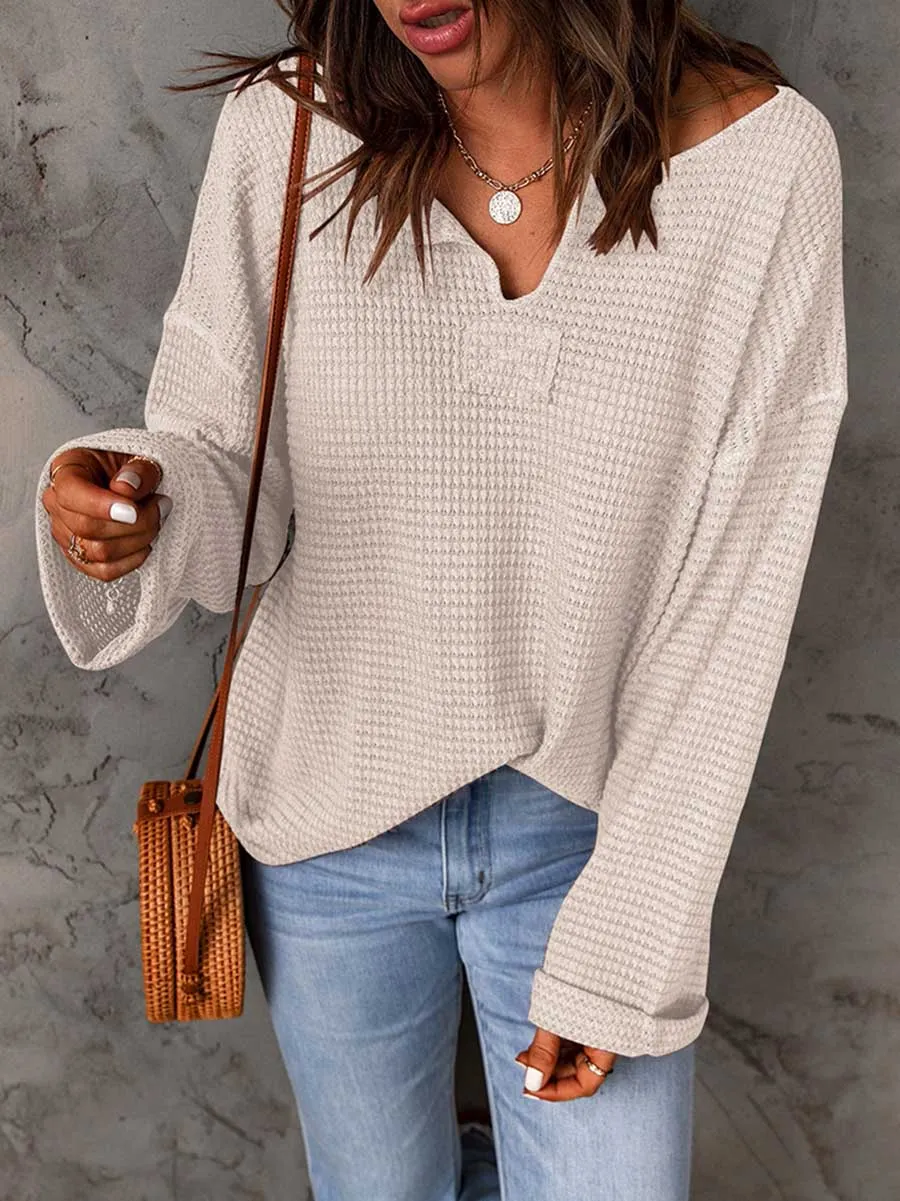 Stunncal Waffle Knit Long Sleeve V-Neck Sweater
