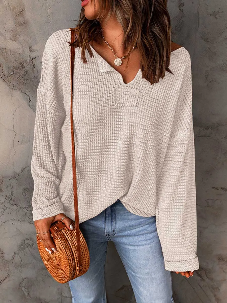 Stunncal Waffle Knit Long Sleeve V-Neck Sweater