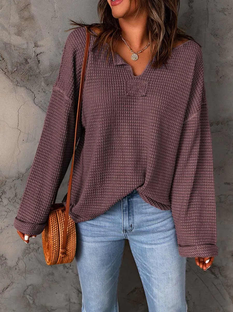 Stunncal Waffle Knit Long Sleeve V-Neck Sweater
