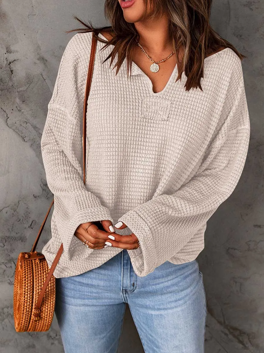 Stunncal Waffle Knit Long Sleeve V-Neck Sweater