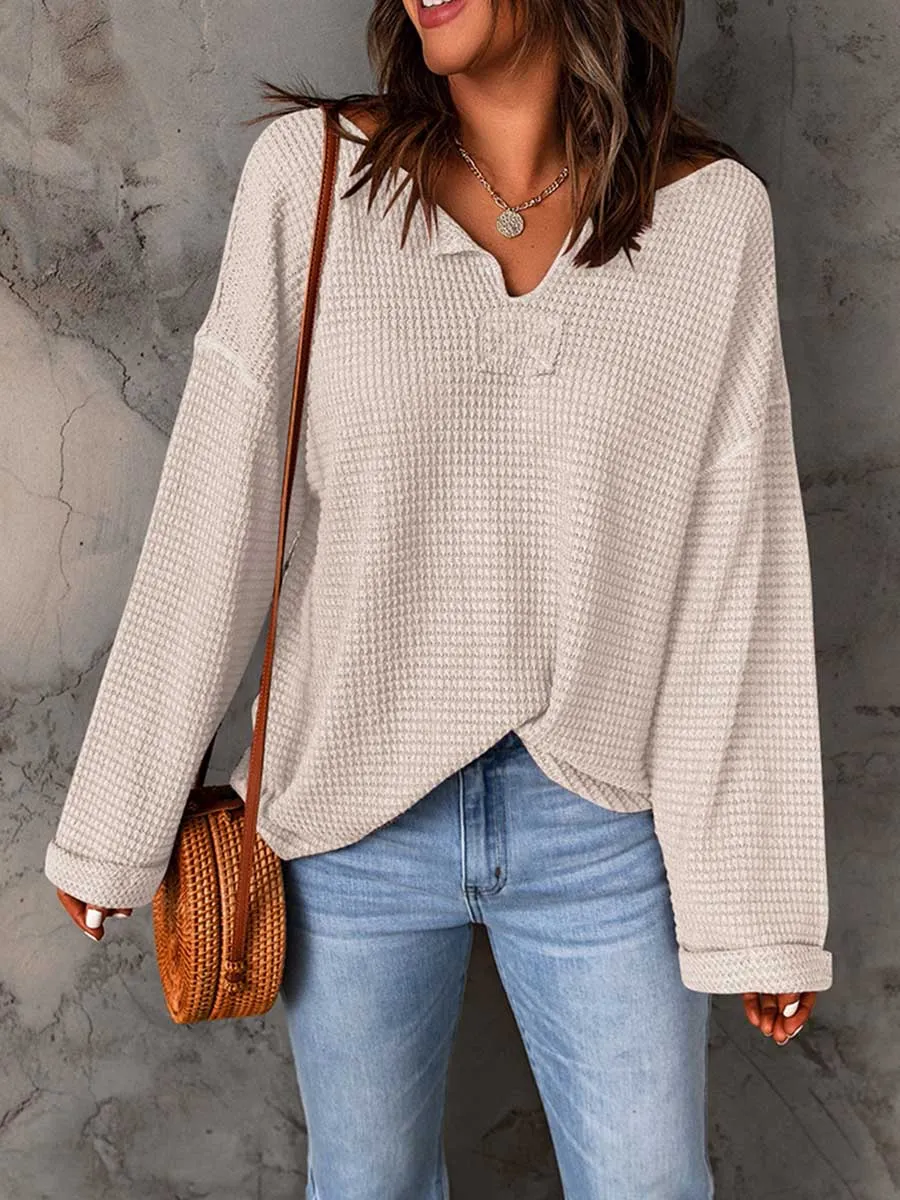 Stunncal Waffle Knit Long Sleeve V-Neck Sweater