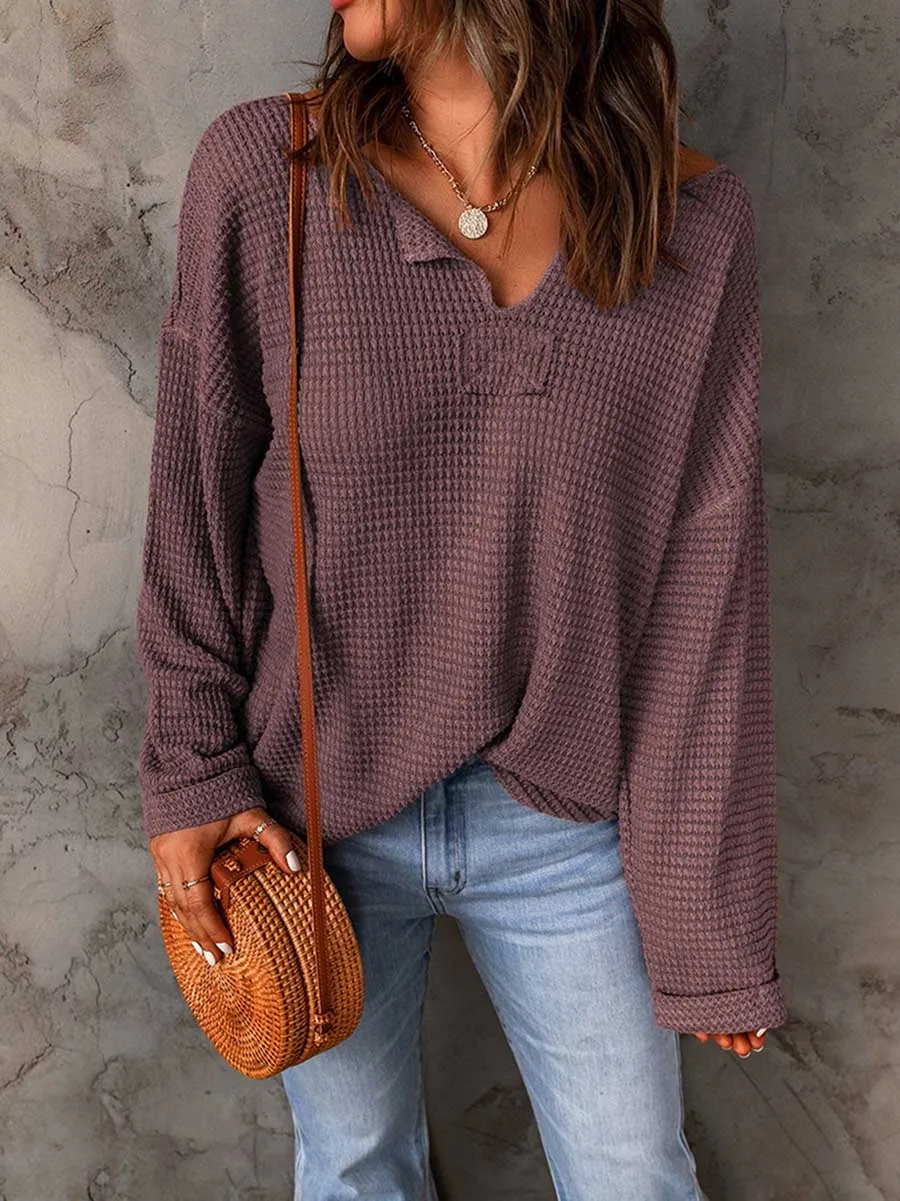 Stunncal Waffle Knit Long Sleeve V-Neck Sweater