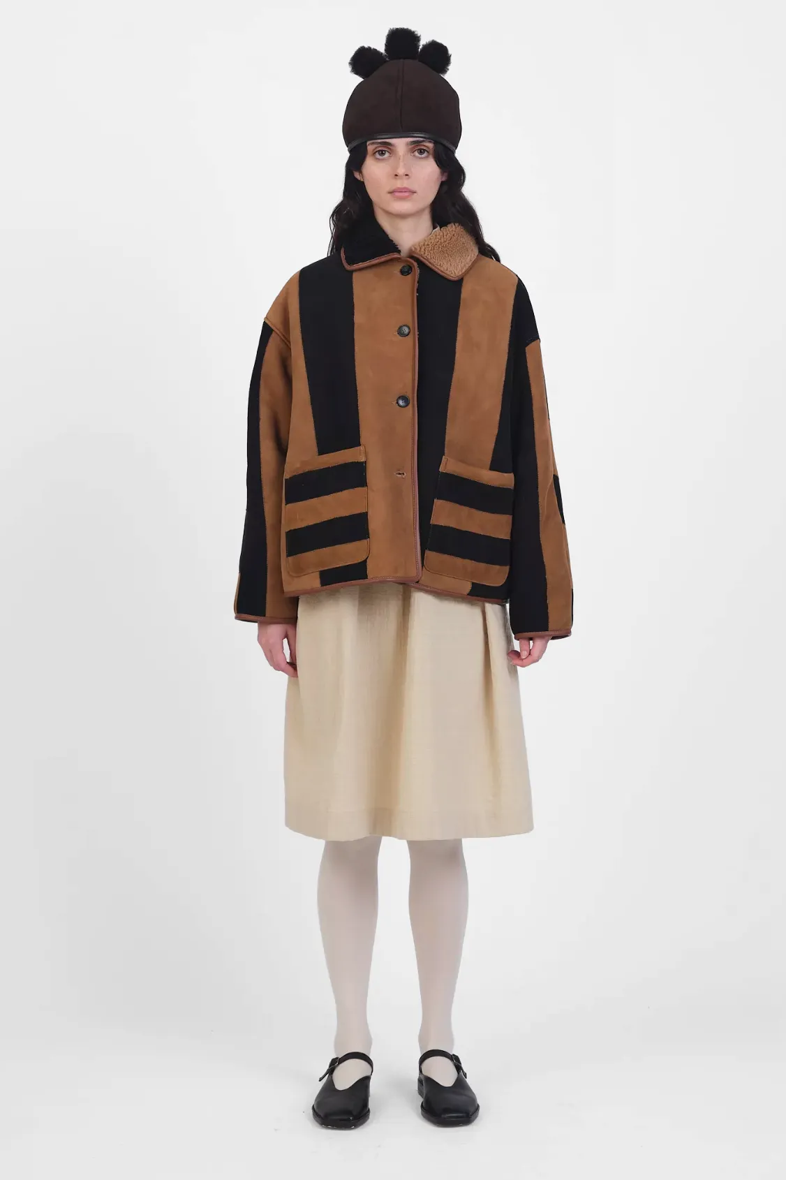 Suede Back Curly Hair Stripe Avis Jacket in Tan & Black