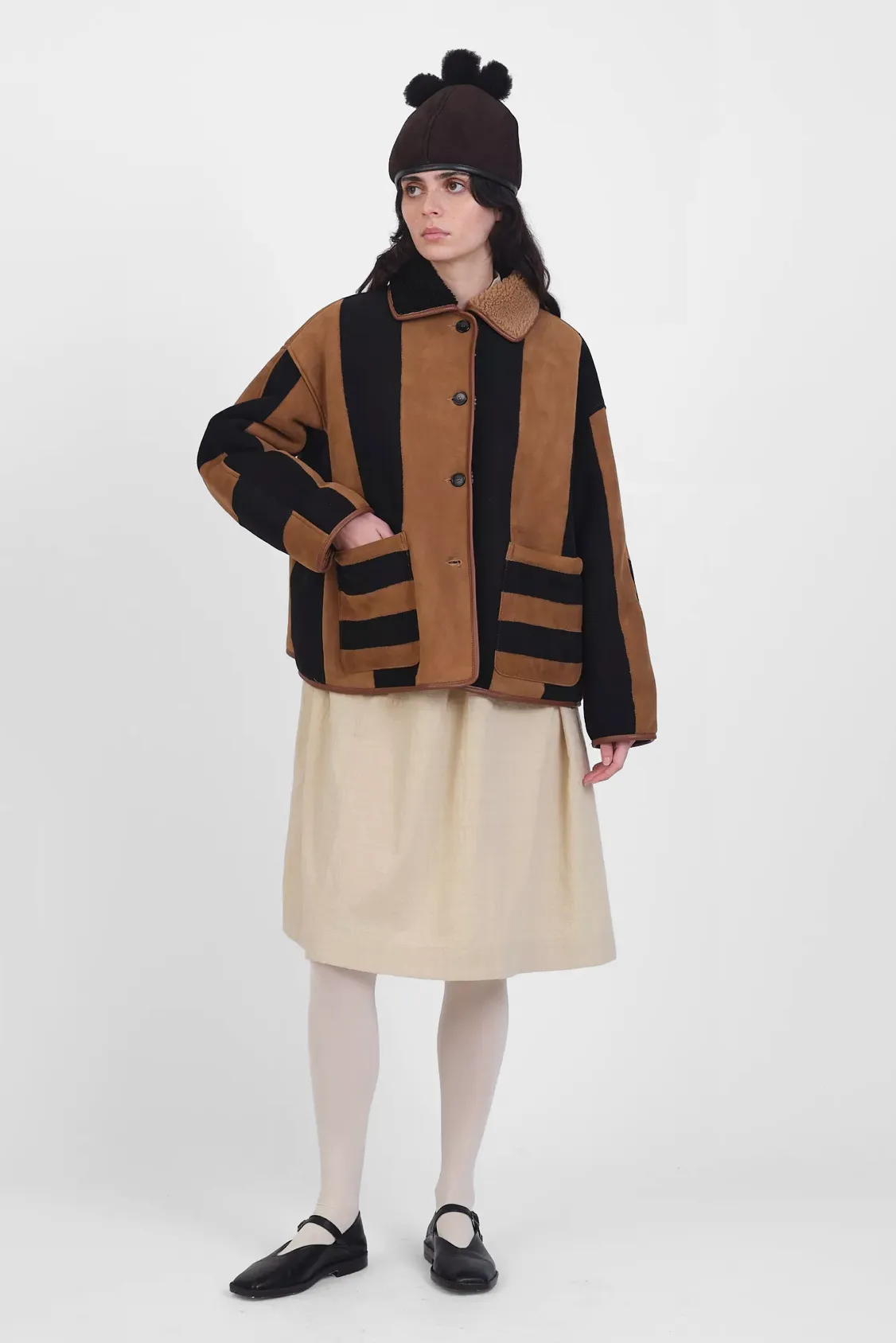 Suede Back Curly Hair Stripe Avis Jacket in Tan & Black
