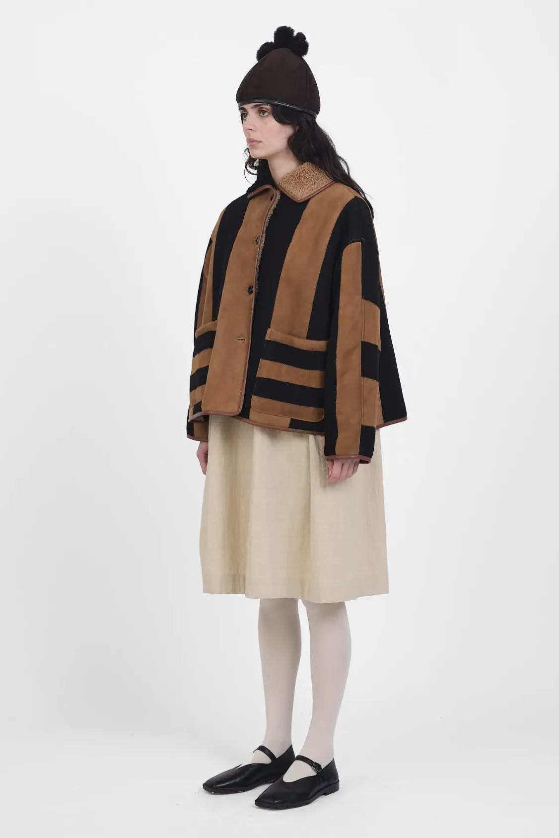Suede Back Curly Hair Stripe Avis Jacket in Tan & Black