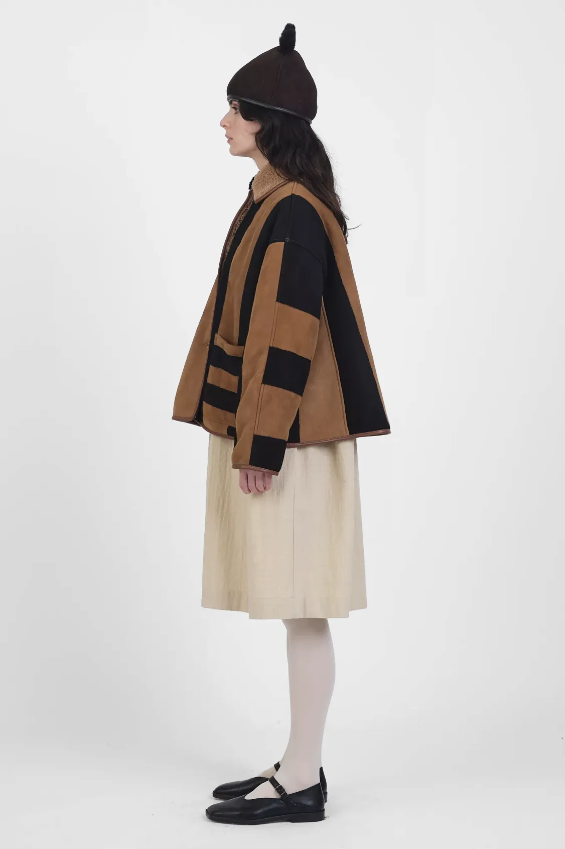 Suede Back Curly Hair Stripe Avis Jacket in Tan & Black