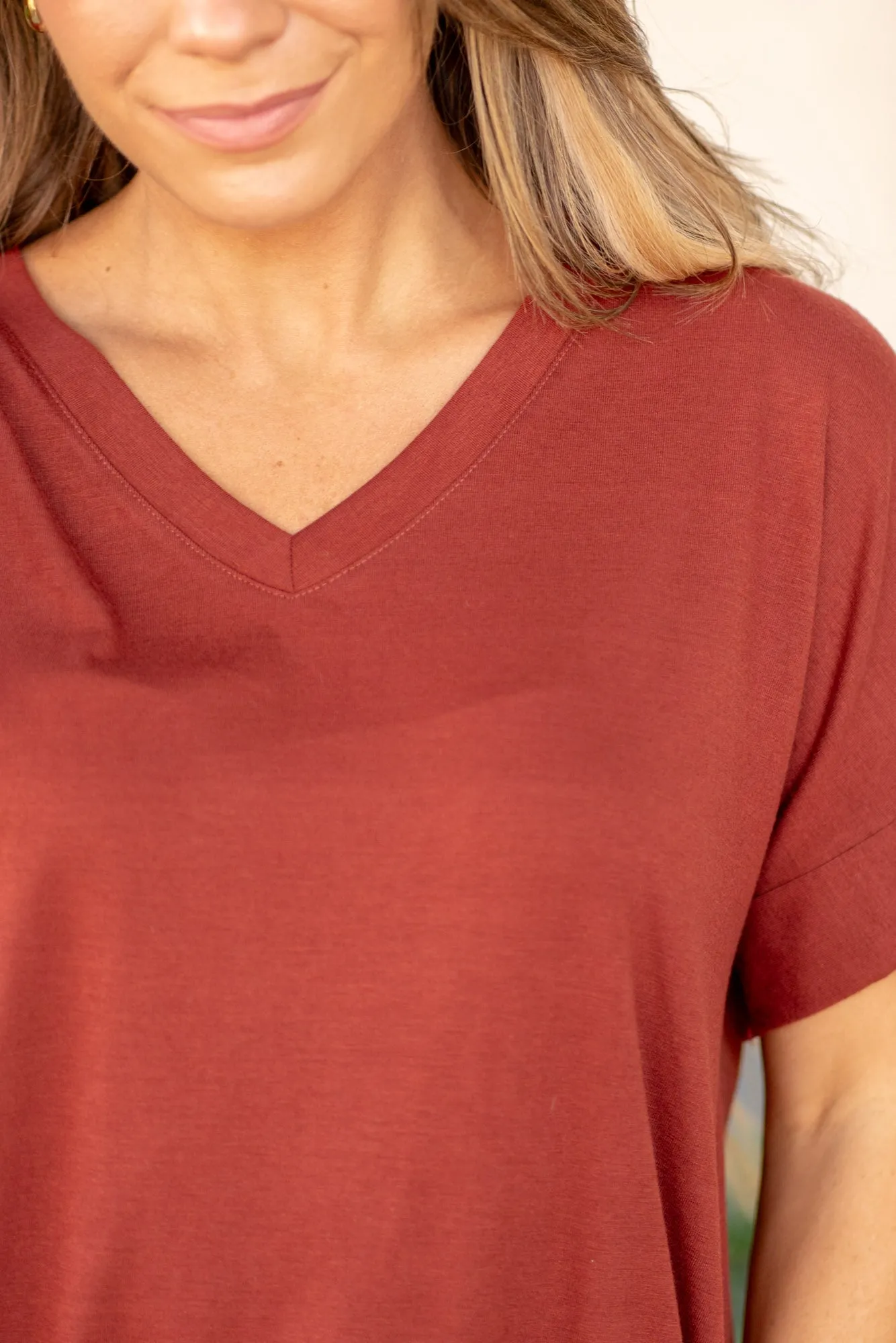 Super Soft Tee High Low Hem V Neck Top - Dark Rust
