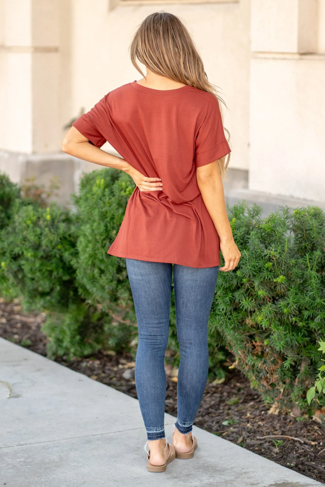 Super Soft Tee High Low Hem V Neck Top - Dark Rust