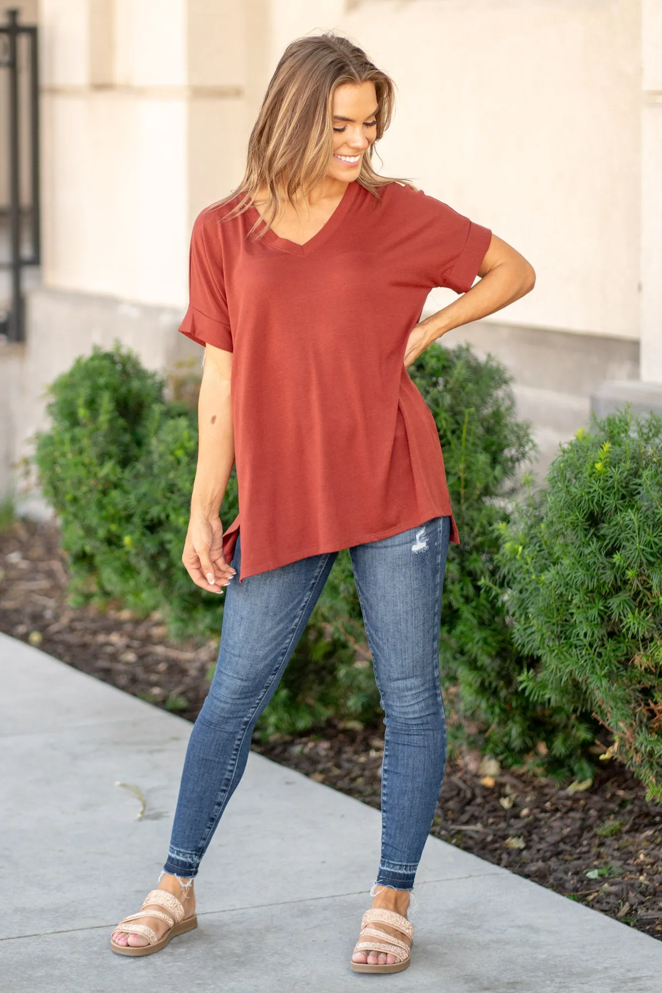 Super Soft Tee High Low Hem V Neck Top - Dark Rust