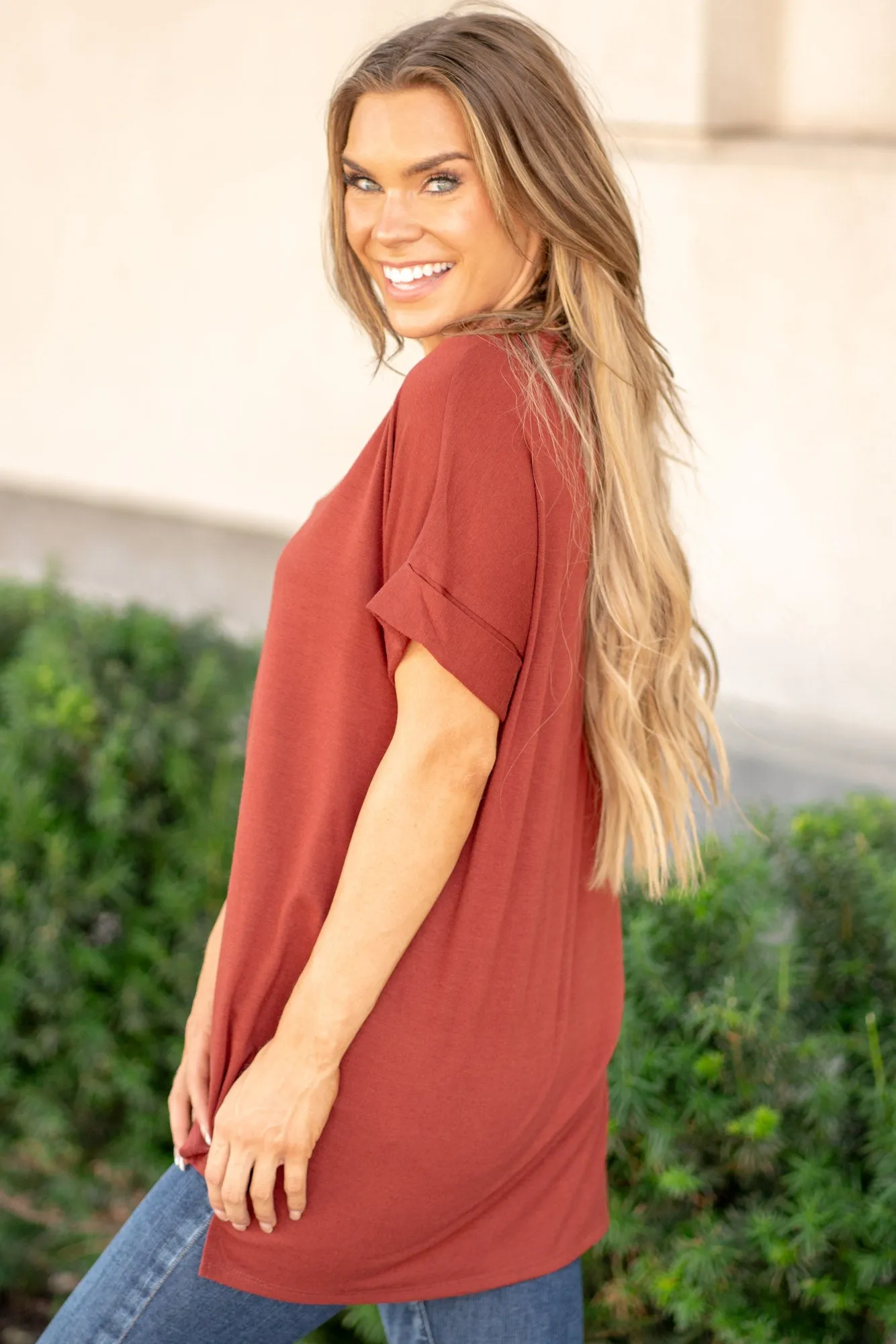 Super Soft Tee High Low Hem V Neck Top - Dark Rust