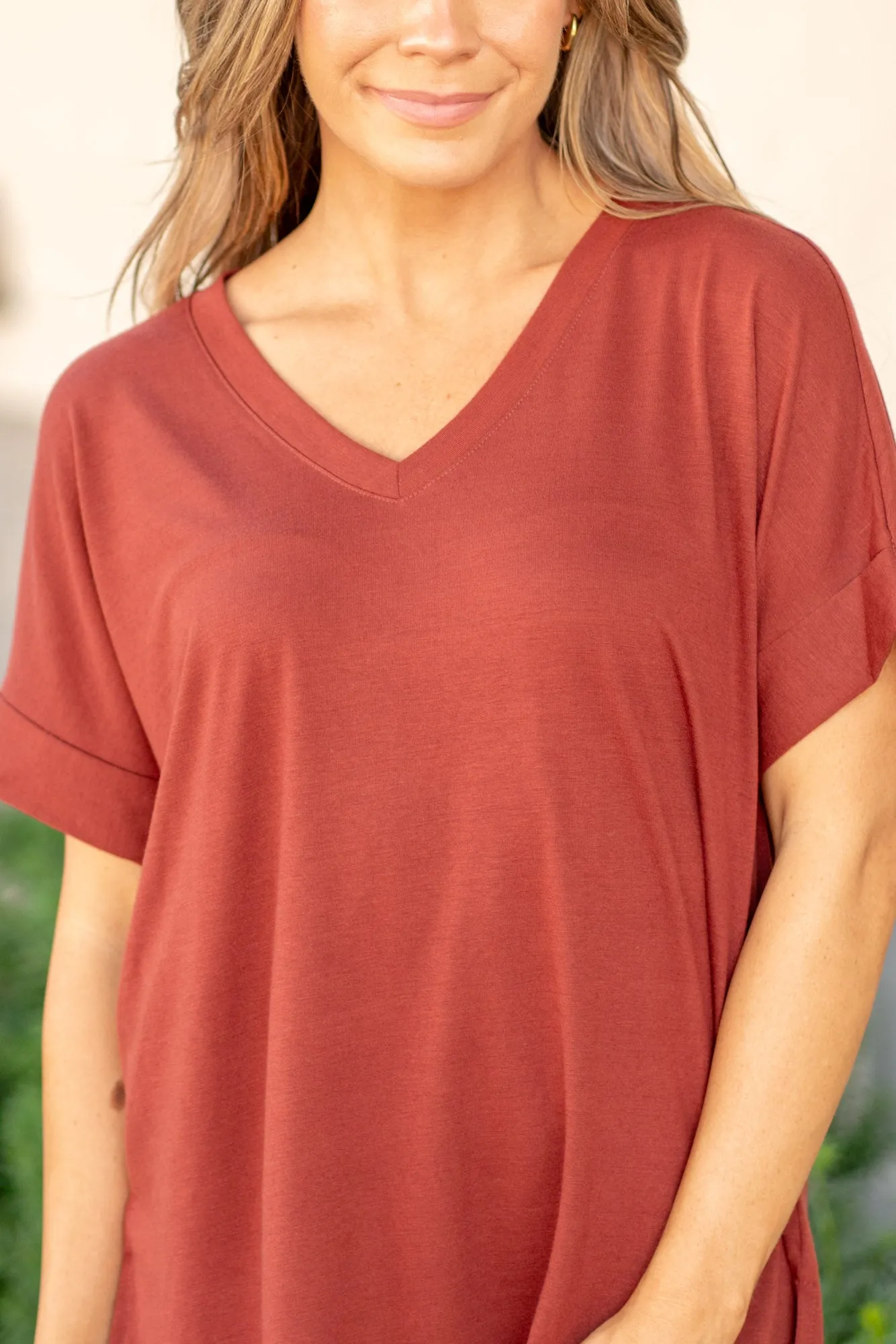 Super Soft Tee High Low Hem V Neck Top - Dark Rust