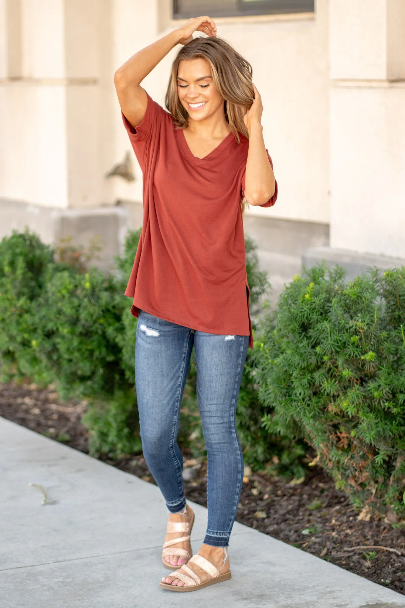 Super Soft Tee High Low Hem V Neck Top - Dark Rust