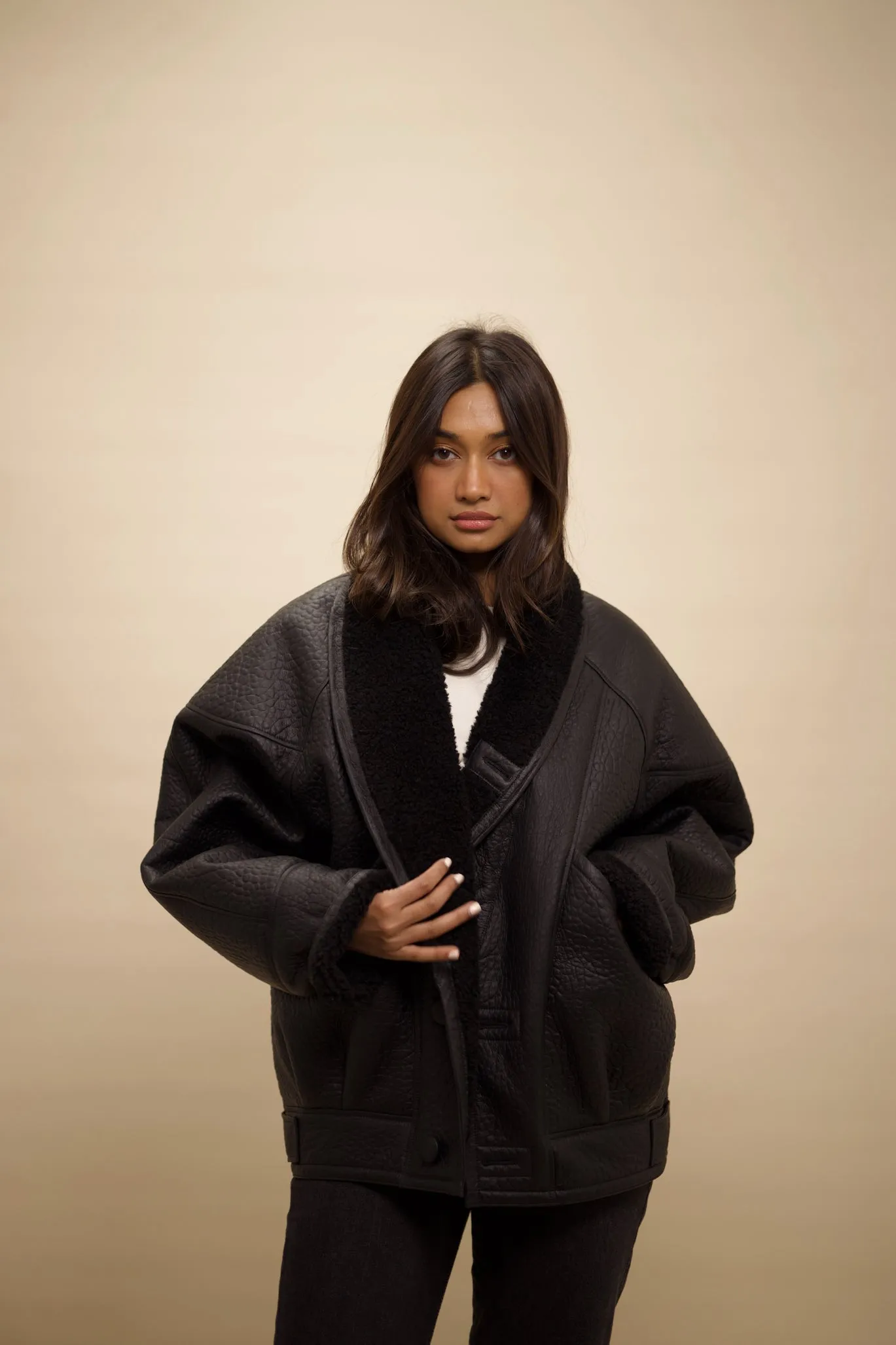 TIMOTHY Shearling Leather Jacket in Noir