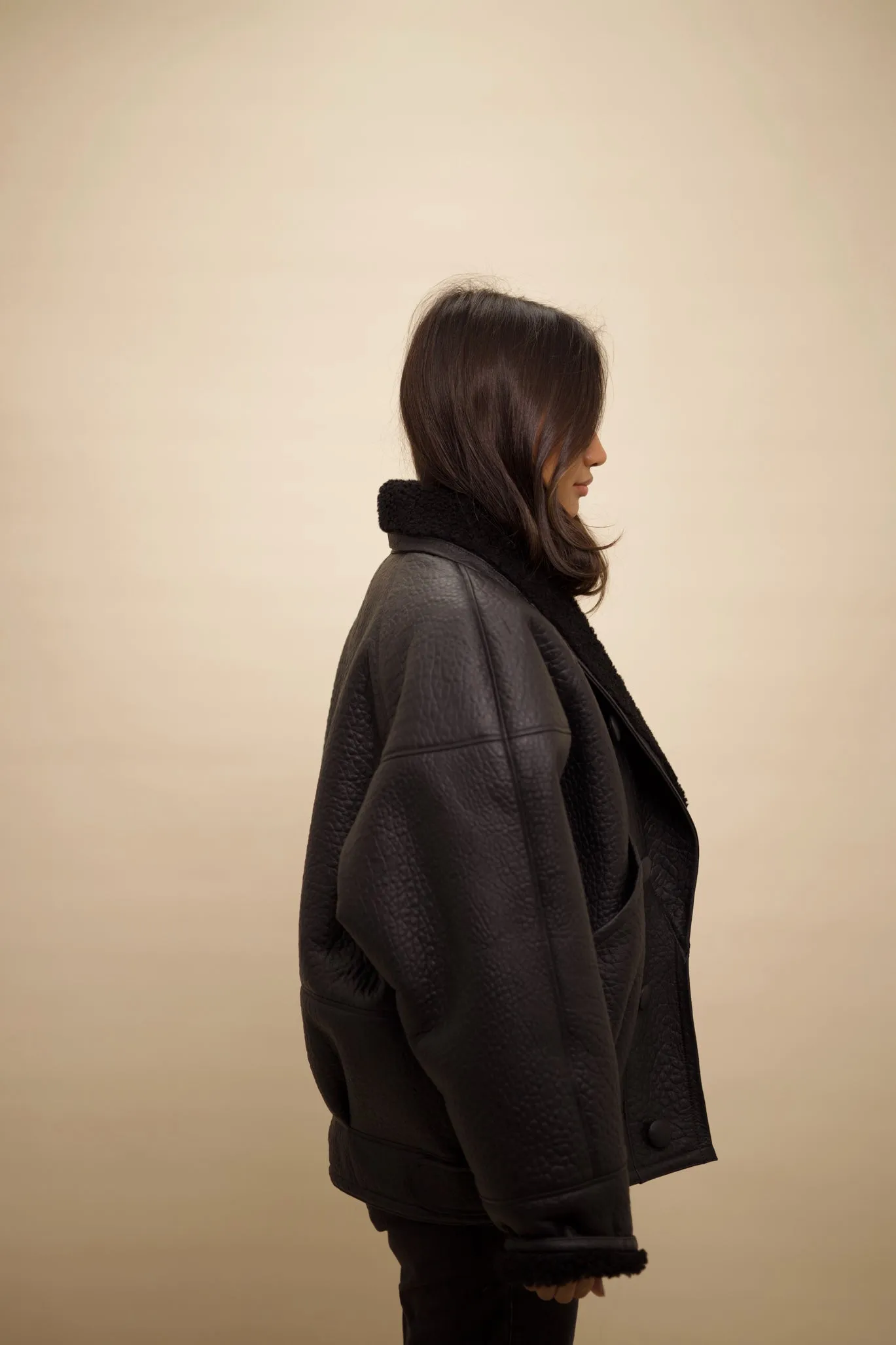 TIMOTHY Shearling Leather Jacket in Noir
