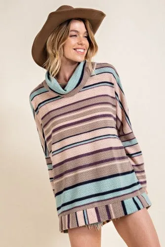 Turquoise Vintage Multi Stripe Hacci Cowl Neck Dolman