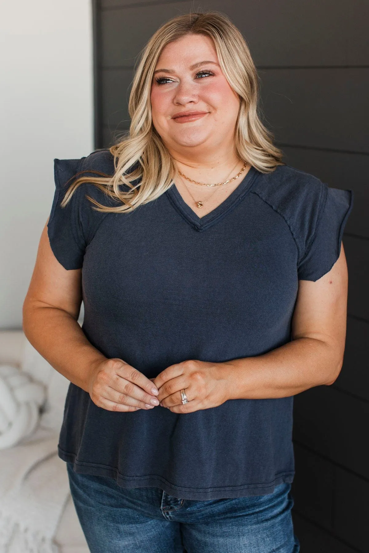 Unbelievable Timing V-Neck Top- Navy