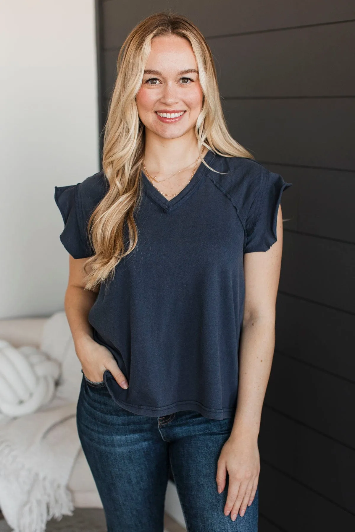 Unbelievable Timing V-Neck Top- Navy