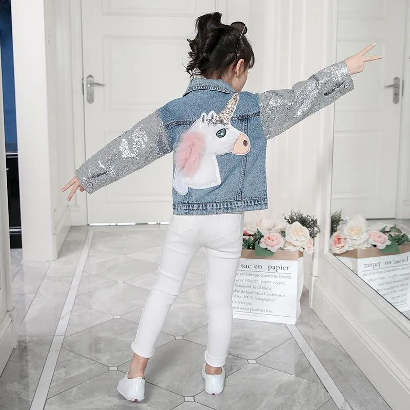 Unicorn Denim Jacket With Sequin Sleeves - Priority Shipping
