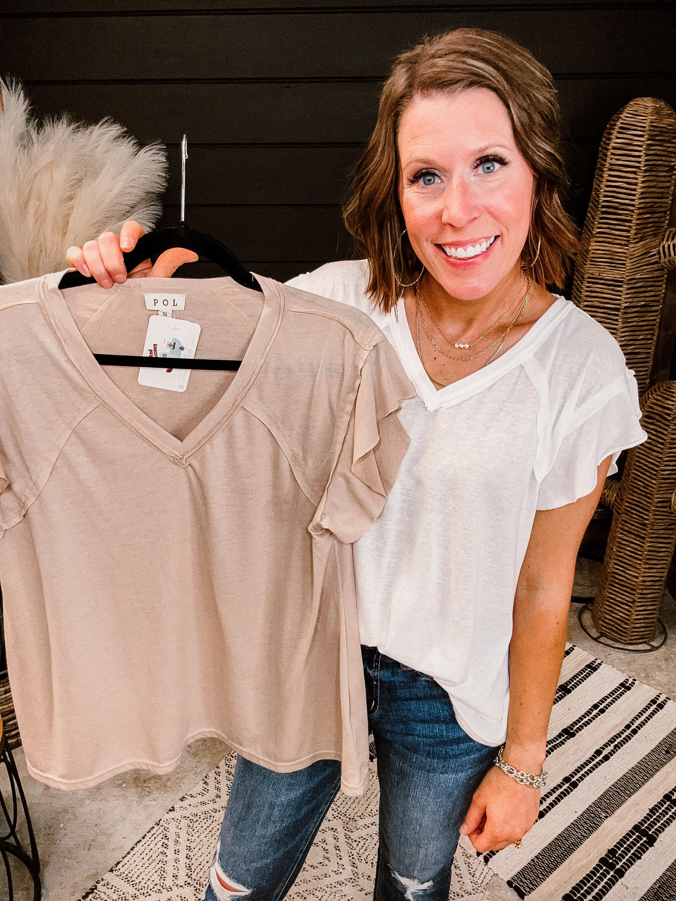 V Neck Cotton Ruffle Sleeve Tee
