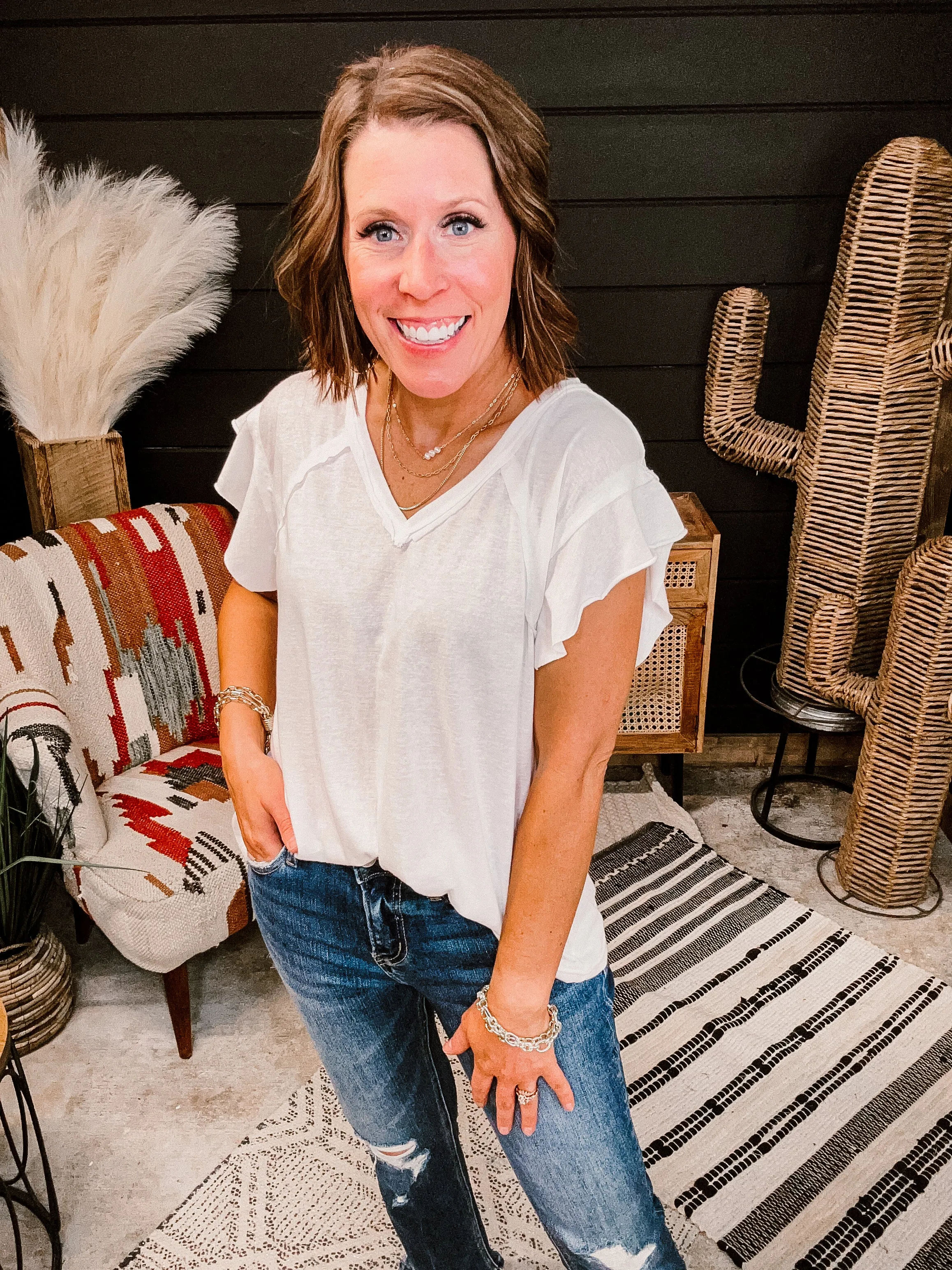 V Neck Cotton Ruffle Sleeve Tee