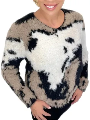 V-neck Fuzzy Sweater - Black/Tan FINAL SALE