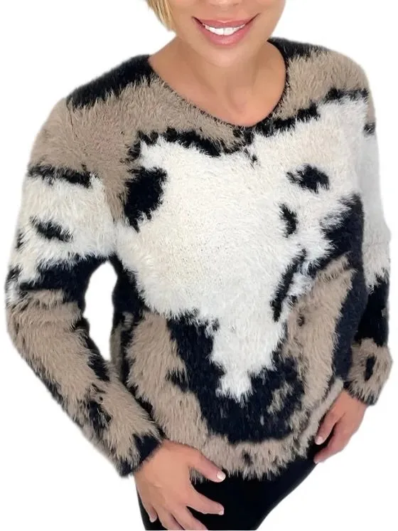 V-neck Fuzzy Sweater - Black/Tan FINAL SALE
