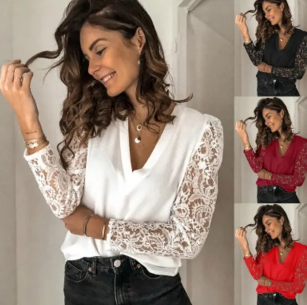 V-NECK LS LACED BLOUSE