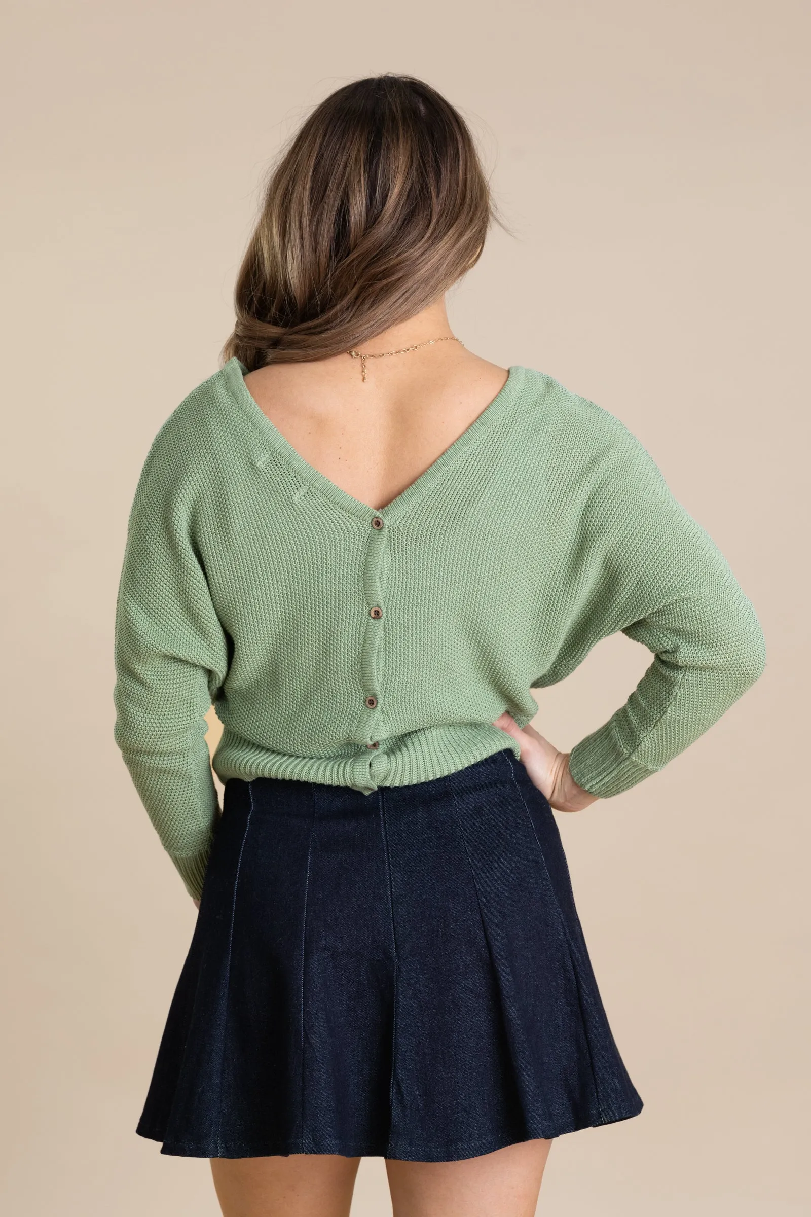 V-Neck Sweater With Back Button Knit Tops
