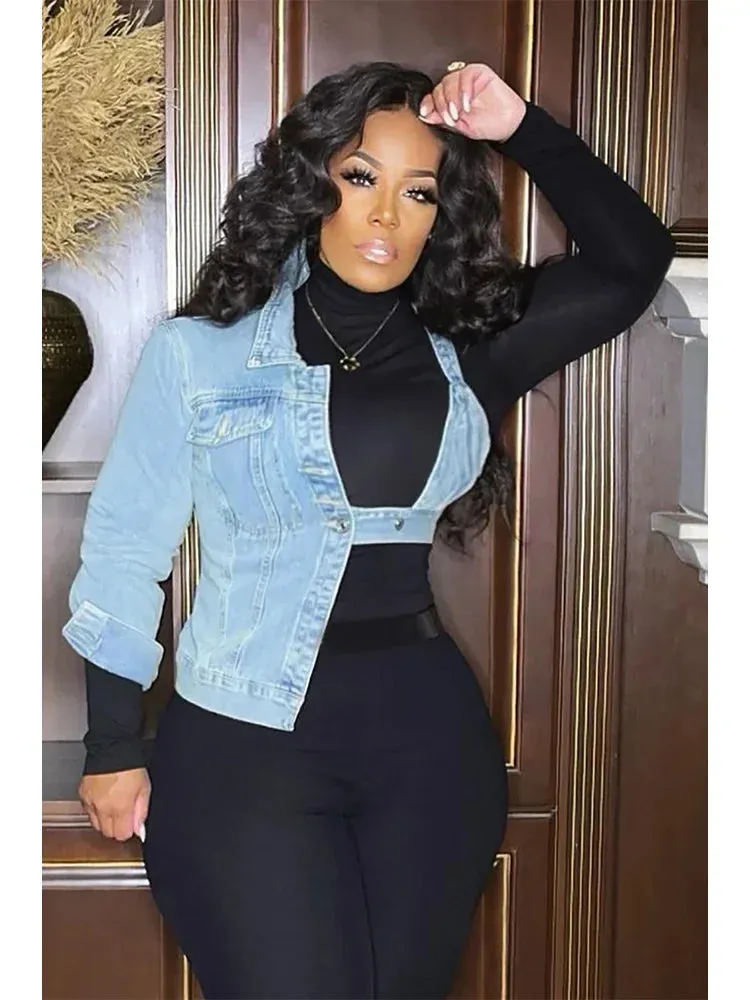 Vovelty One Shoulder Denim Bra Jacket