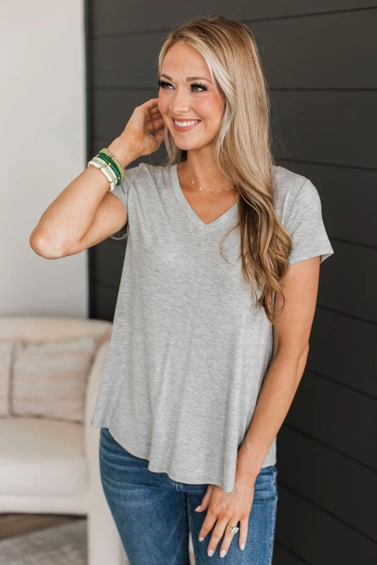 Waited So Long V-Neck Top- Heather Grey