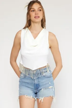 White Drape Neck Tank with Pearl Fringe