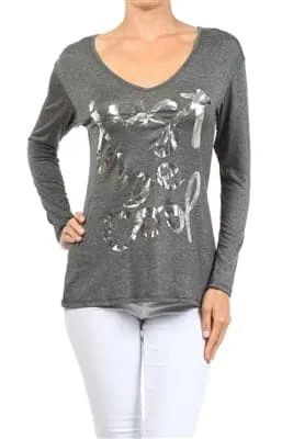 Wholesale V-neck Screen Printed Top  Charcoal - Pack of 6