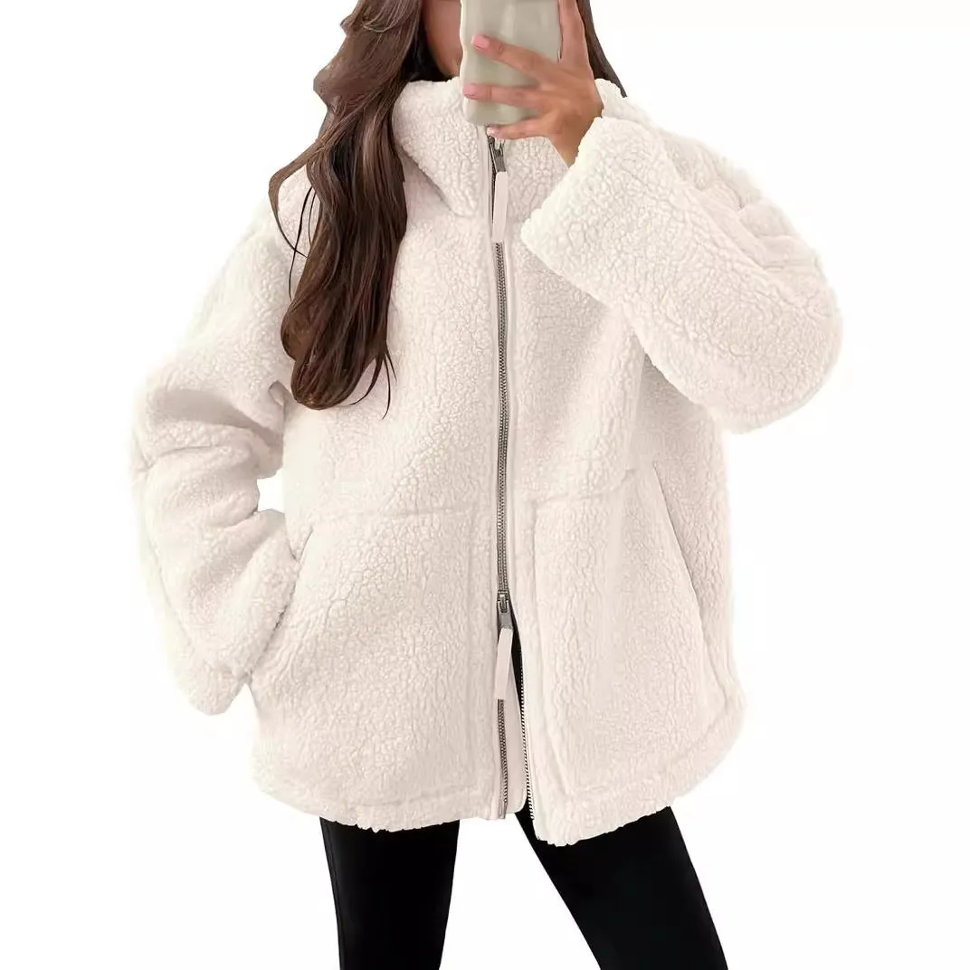 Winter Lapel Zip-Up Coat with Pockets