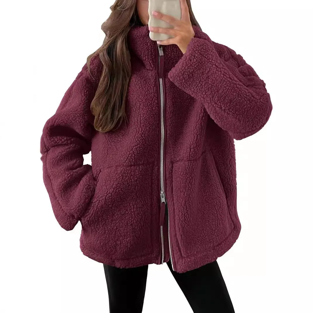 Winter Lapel Zip-Up Coat with Pockets