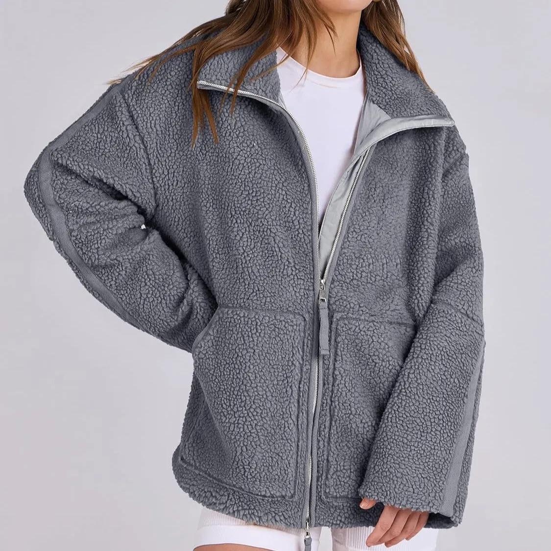 Winter Lapel Zip-Up Coat with Pockets