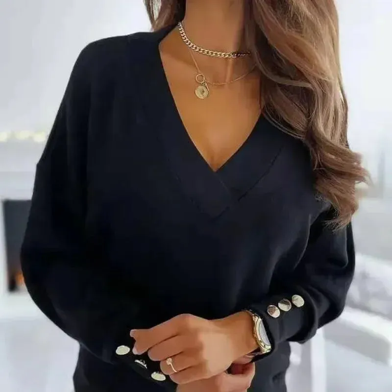 Woman Tops Autumn Loose Pullover Cotton Casual V-Neck Blouse