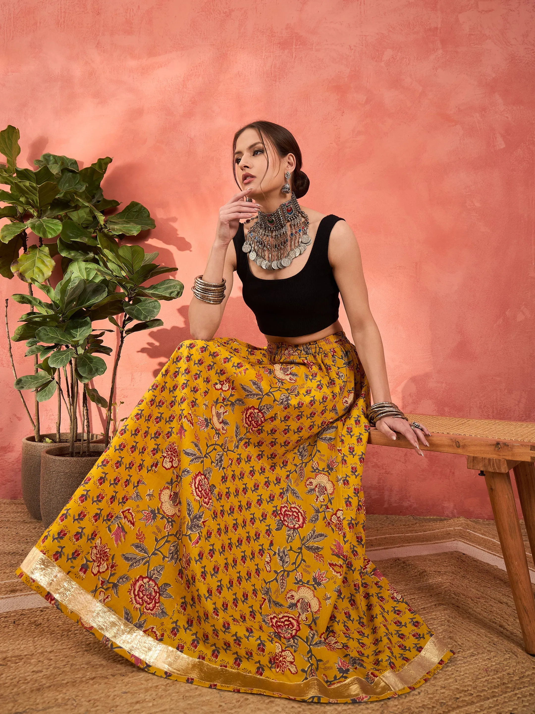 Women Yellow Floral Elasticated Anarkali Skirt