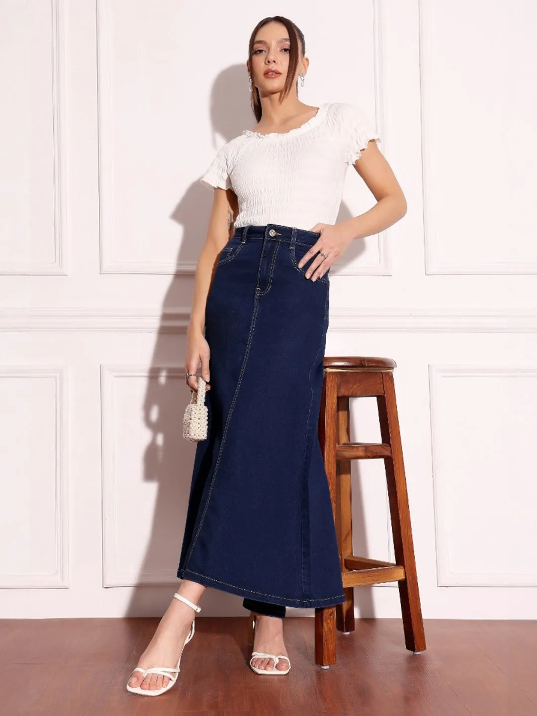 Women's Dark Blue Flared High-Rise Stretchable Denim Maxi Skirt