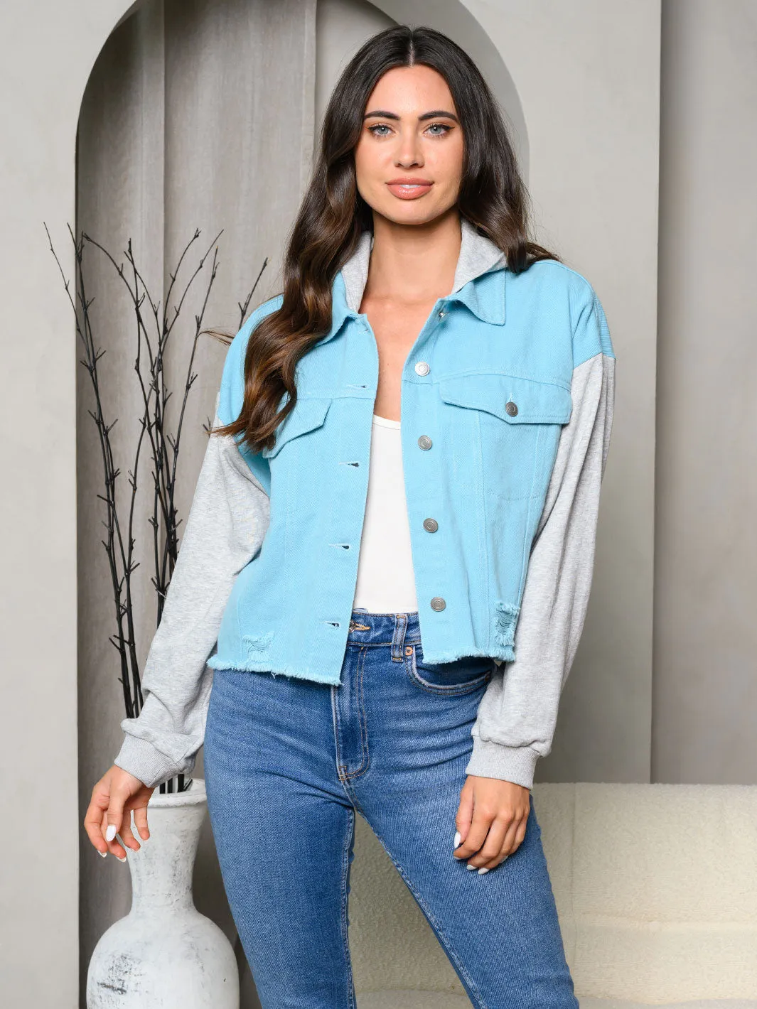 WOMEN'S DENIM CONTRAST HOODED JACKET