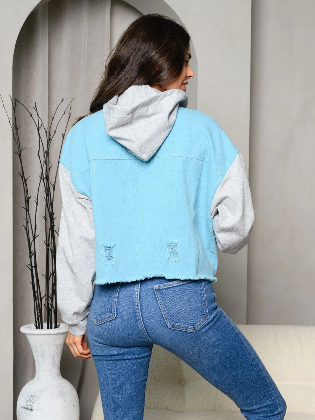 WOMEN'S DENIM CONTRAST HOODED JACKET