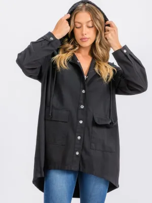 WOMEN'S LONG SLEEVE BUTTON CLOSURE FRONT POCKETS HOODED DENIM JACKET