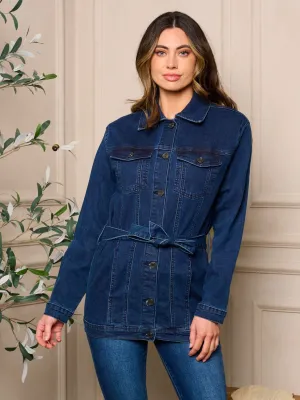 WOMEN'S LONG SLEEVE BUTTON CLOSURE SELF TIE DENIM JACKET