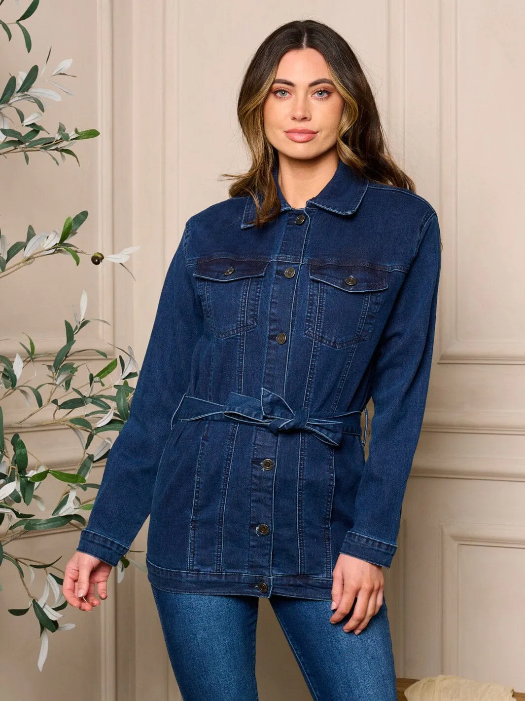 WOMEN'S LONG SLEEVE BUTTON CLOSURE SELF TIE DENIM JACKET