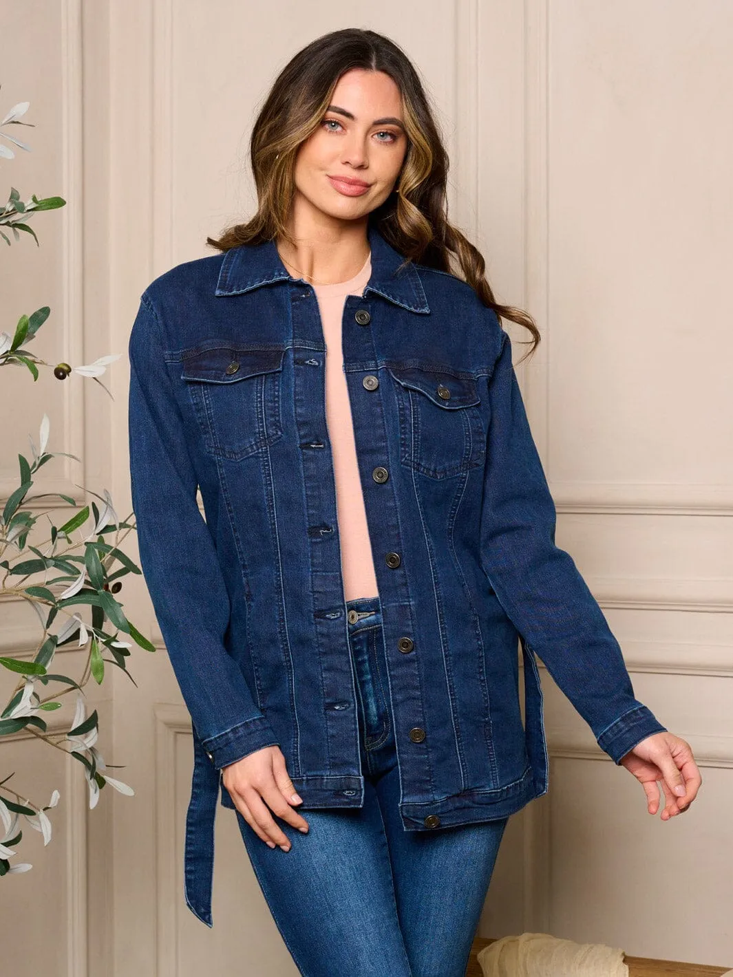 WOMEN'S LONG SLEEVE BUTTON CLOSURE SELF TIE DENIM JACKET